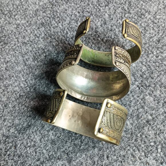 Tibetan Nepal Brass Copper Cuff Bracelets Om Mani Padme Hum Mantra Set of 3 - Picture 6 of 10